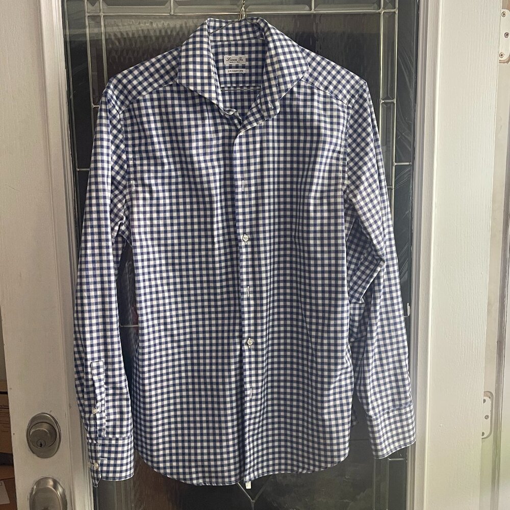 Linea In Mens Dress Shirt 16.5 Check Blue/White 2-Ply Easy Care Made in Italy